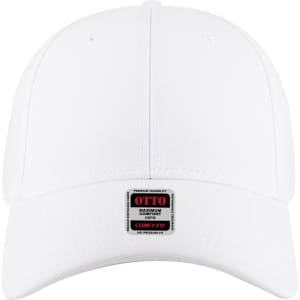A white six-panel low profile baseball cap with a branded label on the front.