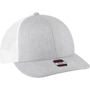 A grey trucker cap with a mesh back, featuring a logo label on the front.