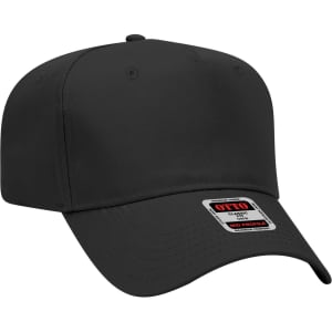 A black 5-panel mid crown baseball cap featuring a logo on the front. Suitable for various outdoor activities.
