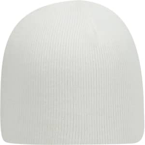 A classic knit beanie in white, featuring a snug fit and ribbed texture, with a logo.