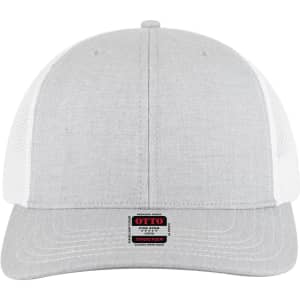 A grey mid-profile trucker cap with a white mesh back and a logo on the front.