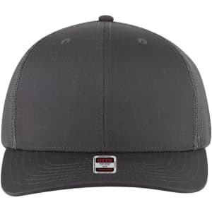A grey 6 panel mid-profile trucker cap with a structured front and mesh back, featuring a small logo.