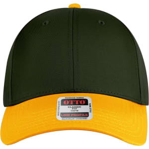 A low profile baseball cap featuring a dark green crown and a bright yellow peak, complete with a logo.