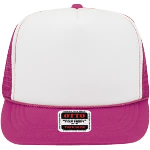 A pink and white 5 Panel High Crown Trucker Cap with a foam front and mesh back, featuring a logo on the front.