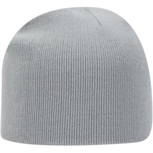 A classic knit beanie in light grey, featuring a snug, ribbed texture and a simple design with branding.