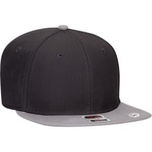 A snapback cap in dark grey with a grey undervisor, featuring a logo on the front.