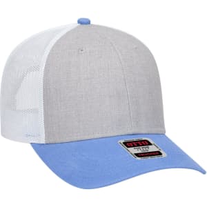 A grey and blue 6-panel low profile trucker cap with a mesh back and a logo on the front.