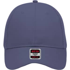 A low profile baseball cap in navy blue with a logo and mesh panels for breathability.