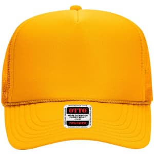 A bright yellow 5 Panel High Crown Trucker Cap featuring a mesh back and a logo on the front.