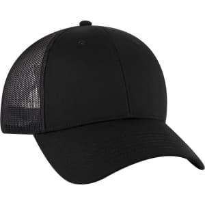 A black low profile trucker cap with a mesh back and a branded logo on the front.
