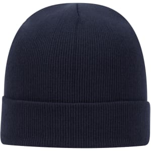 A navy blue classic knit beanie with a ribbed texture and a folded cuff. Features a logo on the side.