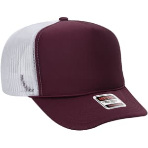 A burgundy high crown trucker cap with a white mesh back and a logo on the front.