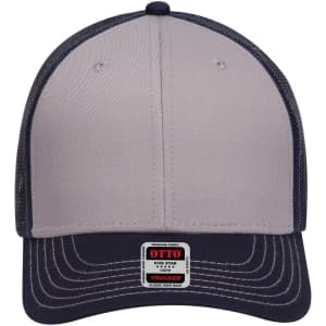 A low profile trucker cap in light grey and navy blue with a logo on the front panel.