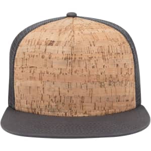 A 5 panel trucker cap featuring a cork front and a dark grey mesh back, with a branded logo.