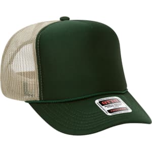 A green 5 panel high crown trucker cap with a mesh back and a branding label on the front.
