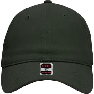 A dark green 6-panel low profile baseball cap with a logo on the front.