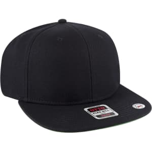A black snapback cap with a flat brim and a green undervisor, featuring a logo on the side.