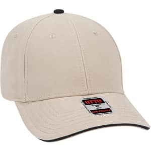 A low profile, six-panel baseball cap in beige with a black peak and a branded label.