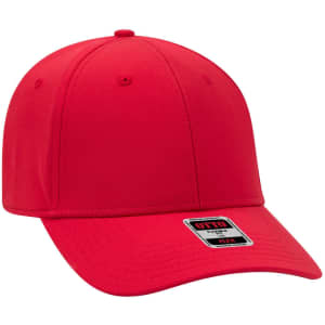 A red UPF 50+ 6-panel low profile baseball cap with a flexible fit and a logo on the side.