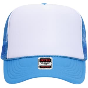 A blue and white 5 Panel High Crown Trucker Cap with a mesh back and a logo label on the front.