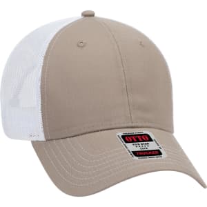 A low-profile trucker cap featuring a beige front and white mesh back, with a logo on the front.