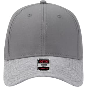 A grey baseball cap with a low profile design, featuring a fabric tag with brand logo.