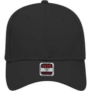 A black 6-panel low profile baseball cap featuring a branded label on the front.