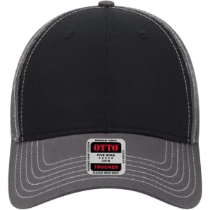 A black and grey 6 panel low profile trucker cap featuring a mesh back and a logo on the front.