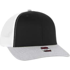 A black and white 6 panel mid profile trucker cap with a grey brim and a logo on the front.