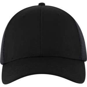 A black Flex Fit 6 Panel Low Profile Trucker Cap with a curved brim and mesh sides. It features a logo.