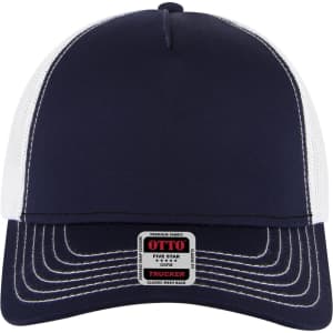 A navy blue 5 panel low profile trucker cap with a white mesh back and a branding patch on the front.