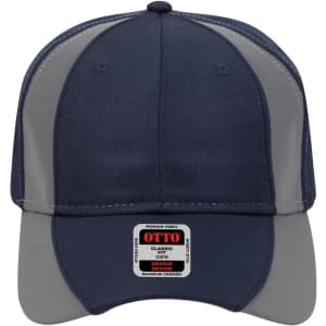 A navy and grey six-panel low profile baseball cap with a logo on the front.