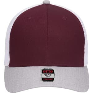 A maroon and grey low profile trucker cap with a branded label on the front.