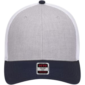 A low profile trucker cap featuring a grey front and a navy blue brim, with a logo on the front.