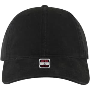 A black 6-panel low profile dad cap with a decorative logo on the front.
