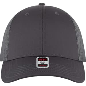 A grey 6 panel low profile trucker cap with a mesh back and a branded patch on the front.