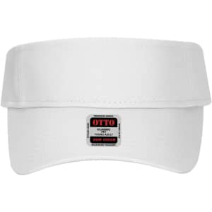 A white sun visor featuring a wide brim and a logo label on the front. Designed for youth.