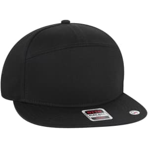 A black 7 Panel Mid Profile Snapback Cap with a flat brim and a logo on the side.