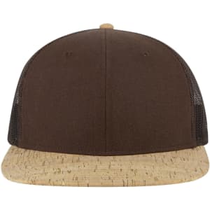 A brown trucker cap featuring a cork brim and mesh sides, with a logo on the front.