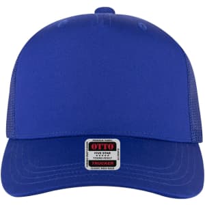 A blue 5-panel mid profile trucker cap with a mesh back and a branded tag on the front.