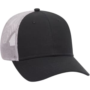A black 6 panel low profile trucker cap with a grey mesh back and a curved brim. It features a logo on the front.