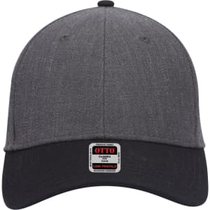 A grey low profile baseball cap with a black brim and a logo tag on the front.