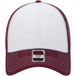 A maroon and white 6 panel low profile trucker cap featuring a logo. The front is white with a maroon brim.