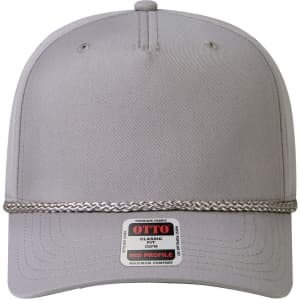 A grey 5 panel mid profile baseball cap featuring a braided band and a logo on the front.