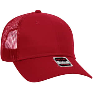 A red six-panel low profile trucker cap with a mesh back and a logo on the front.