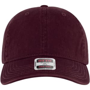 A maroon 6-panel low profile dad cap with a curved brim and a logo label on the front.