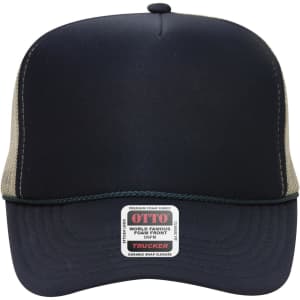 A navy blue and grey 5 panel high crown trucker cap with a foam front and snap closure at the back.