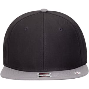 A 6 panel mid-profile snapback cap featuring a black crown and a grey undervisor. It has a logo on the front.