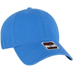 A blue 6 panel low profile dad cap with a logo on the front.