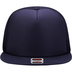 A high crown trucker cap in dark navy with a mesh back and a branded label on the front.